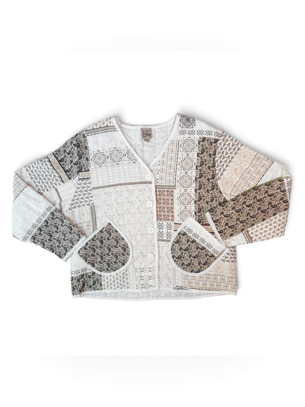 Quilted Patchwork Jacket Women’s Size Large Button Up Beige Cream Cottagecore